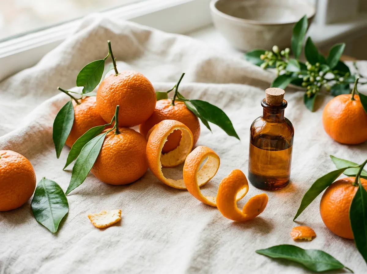 Ripe tangerines with a long curl of peel beside a small bottle of oil