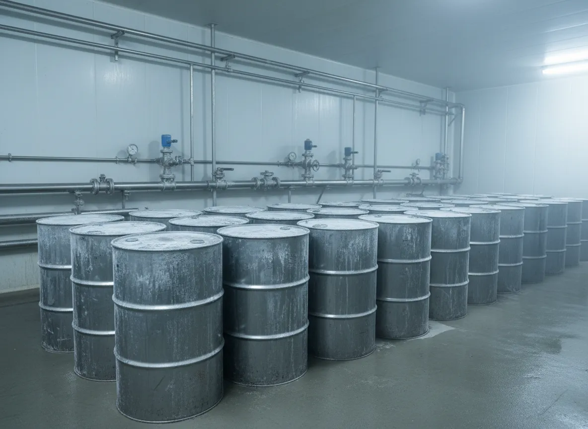 Sealed steel drums in a chilled settling room at a citrus plant